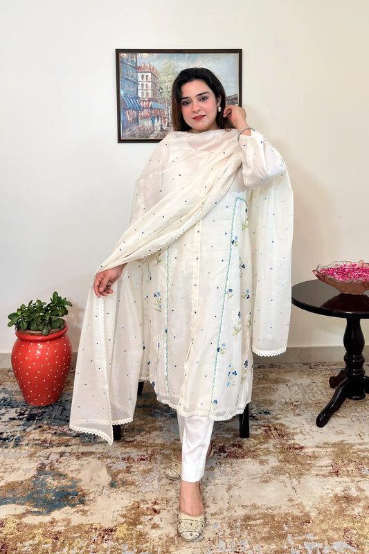 Off-white chanderi A-line kurta and dupatta with blue floral resham embroidery and off- white trousers