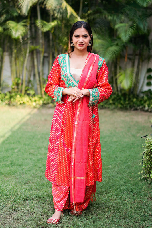 Coral red brocade zardozi work angrakha & palazzo with red chanderi dupatta