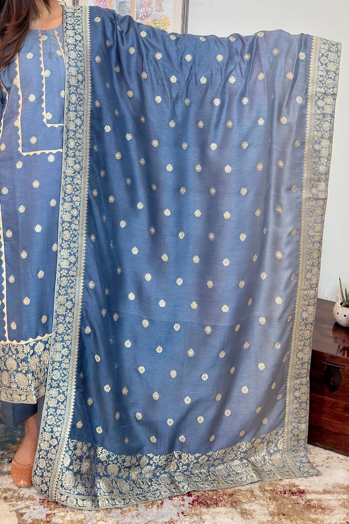 Grey Banarasi Silk Party Wear Kurta Set with applique work
