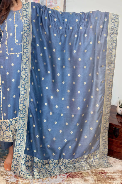 Grey Banarasi Silk Party Wear Kurta Set with applique work