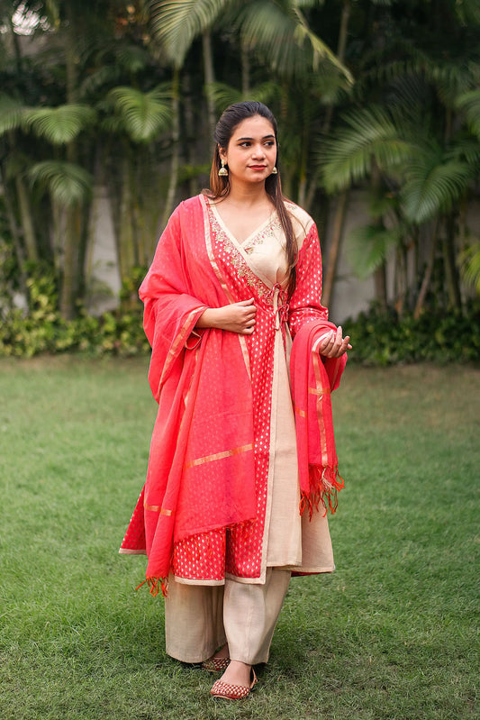 Orange brocade zardozi work angrakha, orange chanderi dupatta and golden palazzo