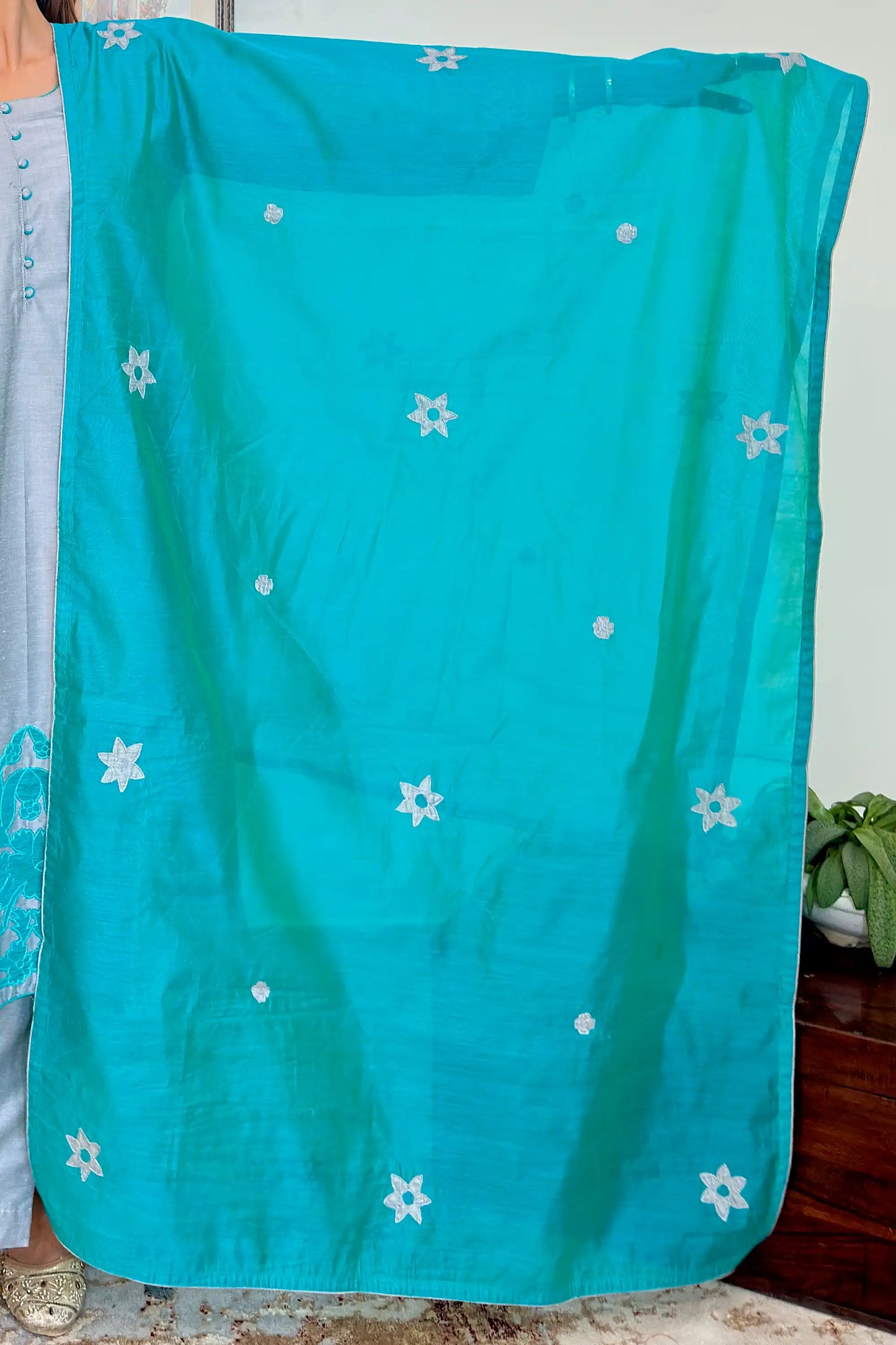 Grey Staple Tussar Patchwork Kurta Set Formal Wear with Green Dupatta