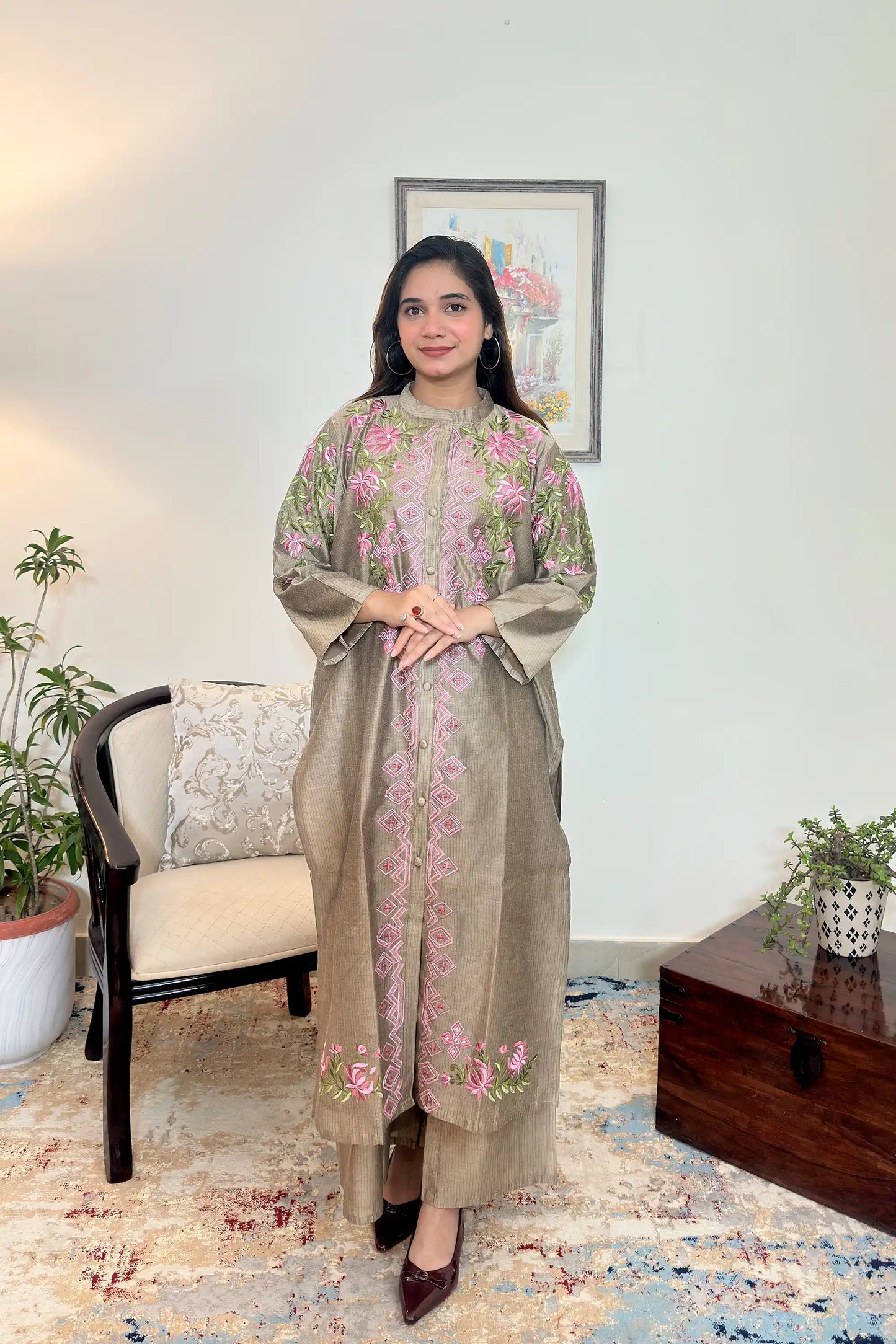 Taupe Chanderi Formal Wear Kurta Set with Resham Embroidery