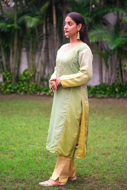 Green ombre organza kurta, green chiffon dupatta & golden trousers with zardozi work