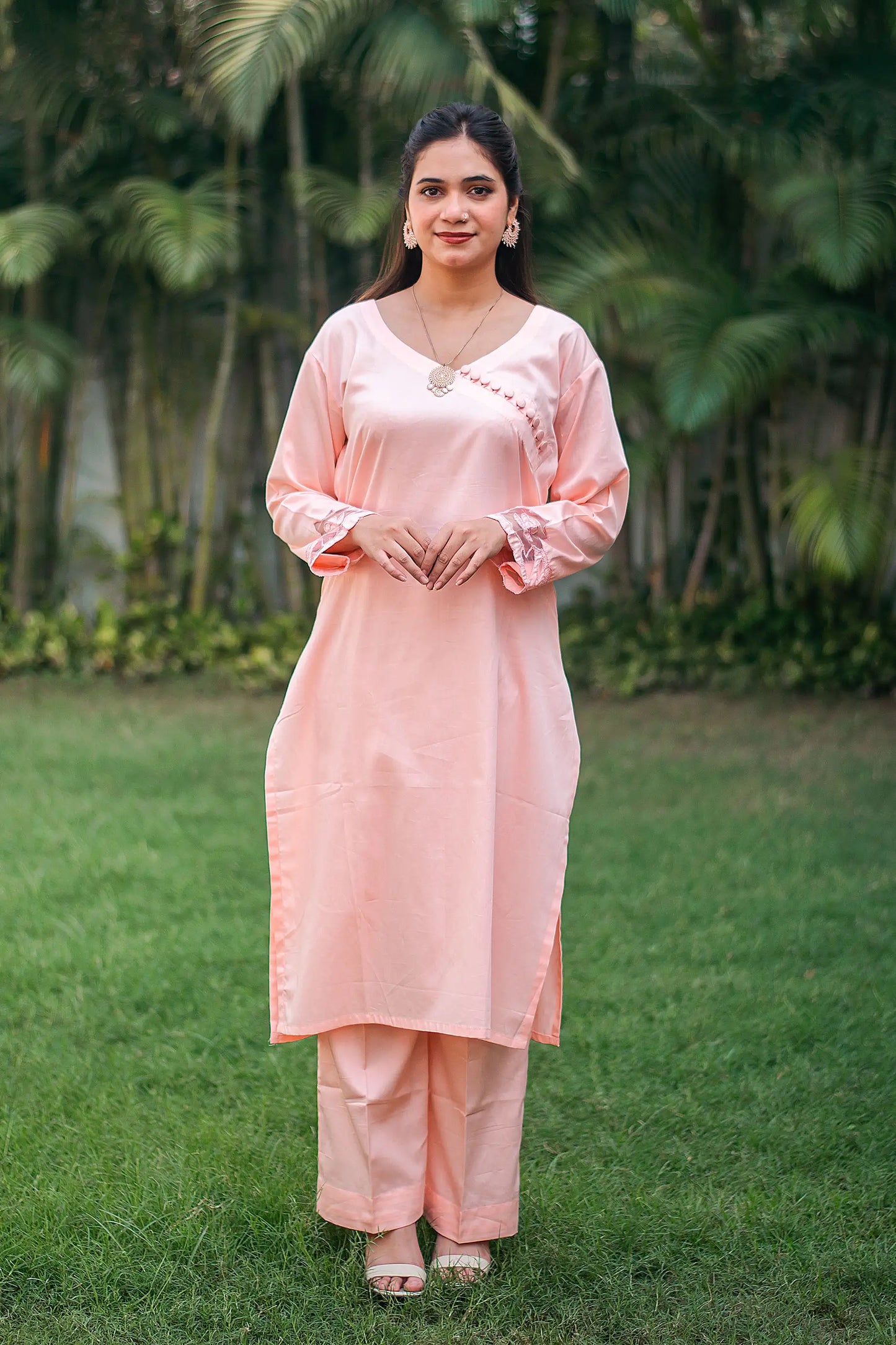 Pastel peach russian silk kurta & trousers, peach chanderi dupatta with cutwork