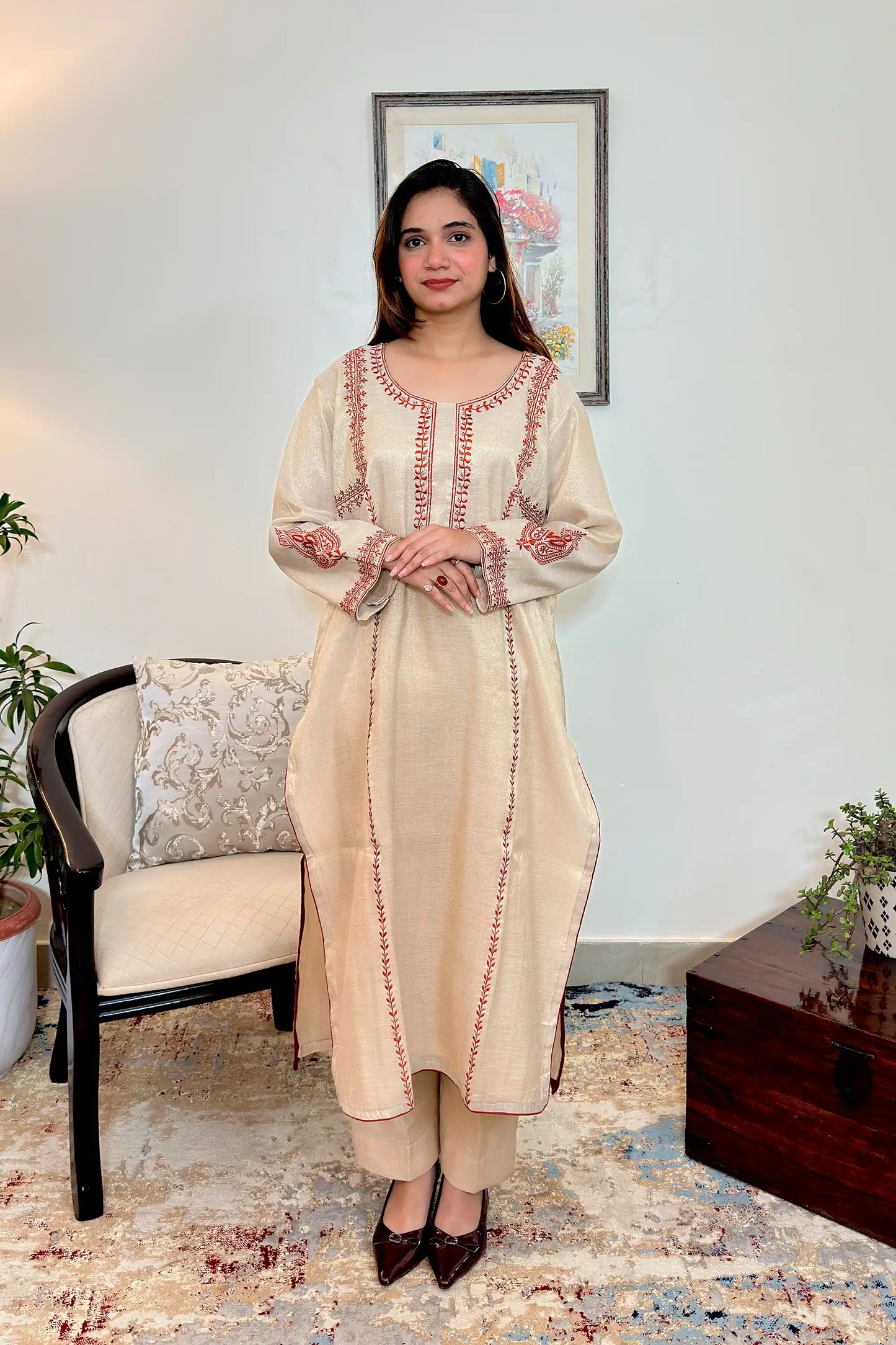 Golden Chanderi Formal Wear Kurta Set with Resham Embroidery