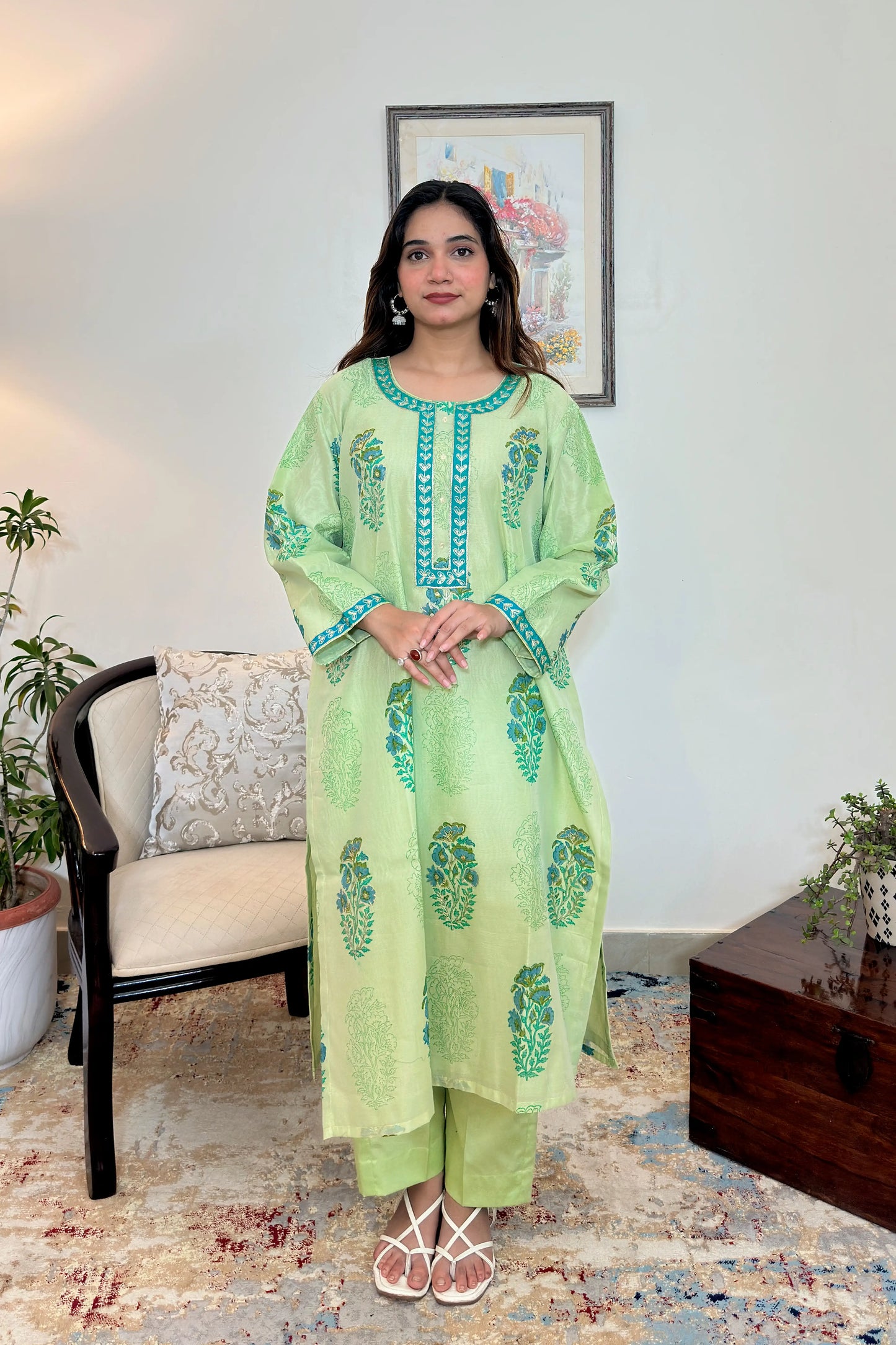 Green Chanderi Formal Wear Kurta Set with Aari embroidery