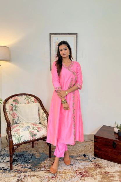 Pink Chanderi Resham Embroidered Angarkha Formal Wear Suit