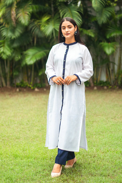 White chanderi patchwork kurta and dupatta with navy blue trousers