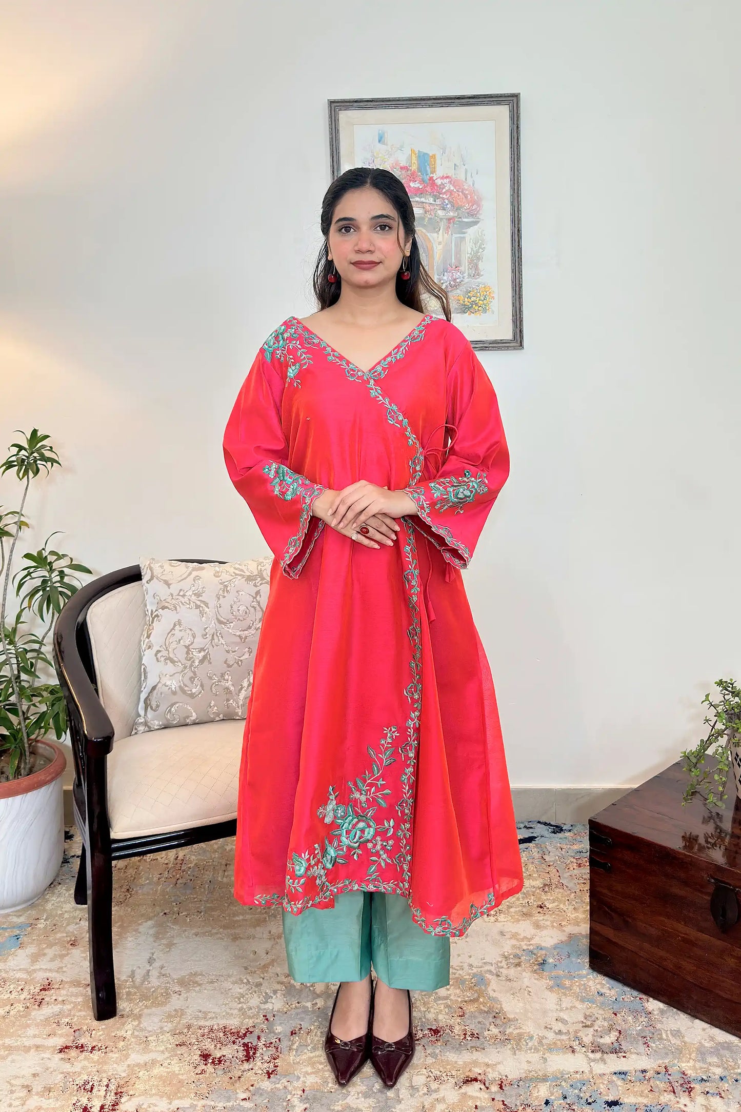 Red Chanderi Formal Wear Kurta Set with Resham Embroidery