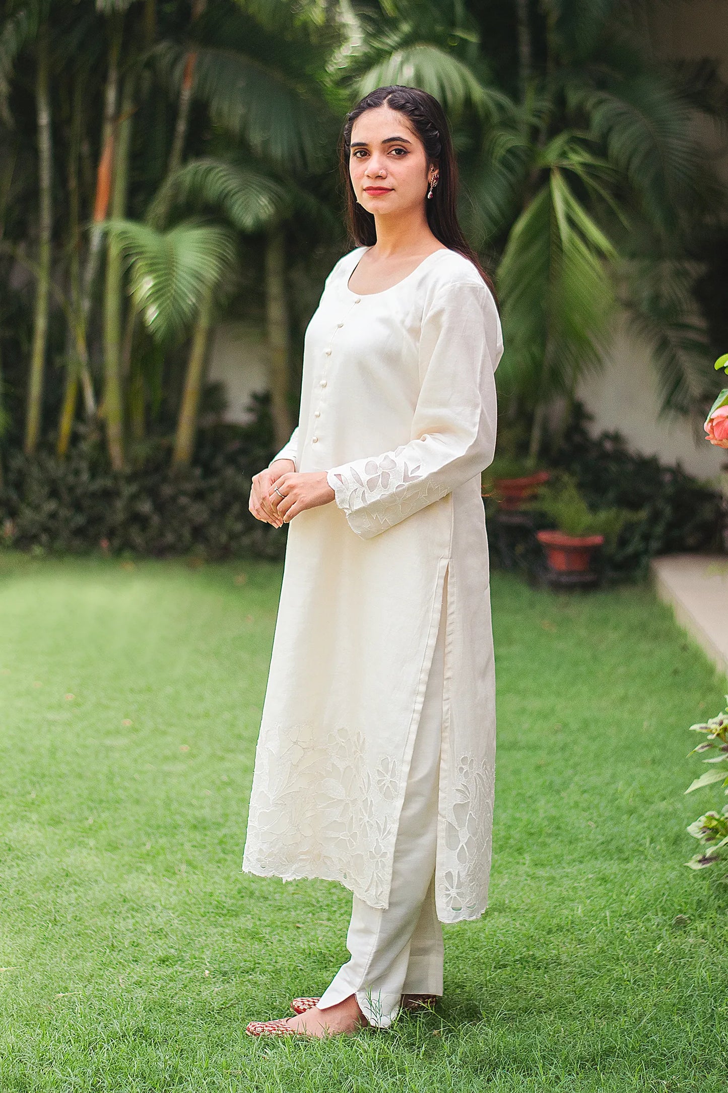 Off-white chanderi cut-work kurta and dupatta with off-white trousers