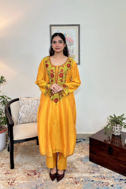 Yellow Chanderi Formal Wear Kurta Set with Floral Resham Embroidery