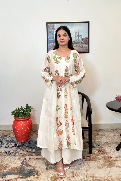 Off-white chanderi A-line kurta and dupatta with multicolour floral hand embroidery and off-white palazzo