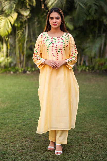 multicoloured applique work yellow chanderi kurta and dupatta with yellow trousers