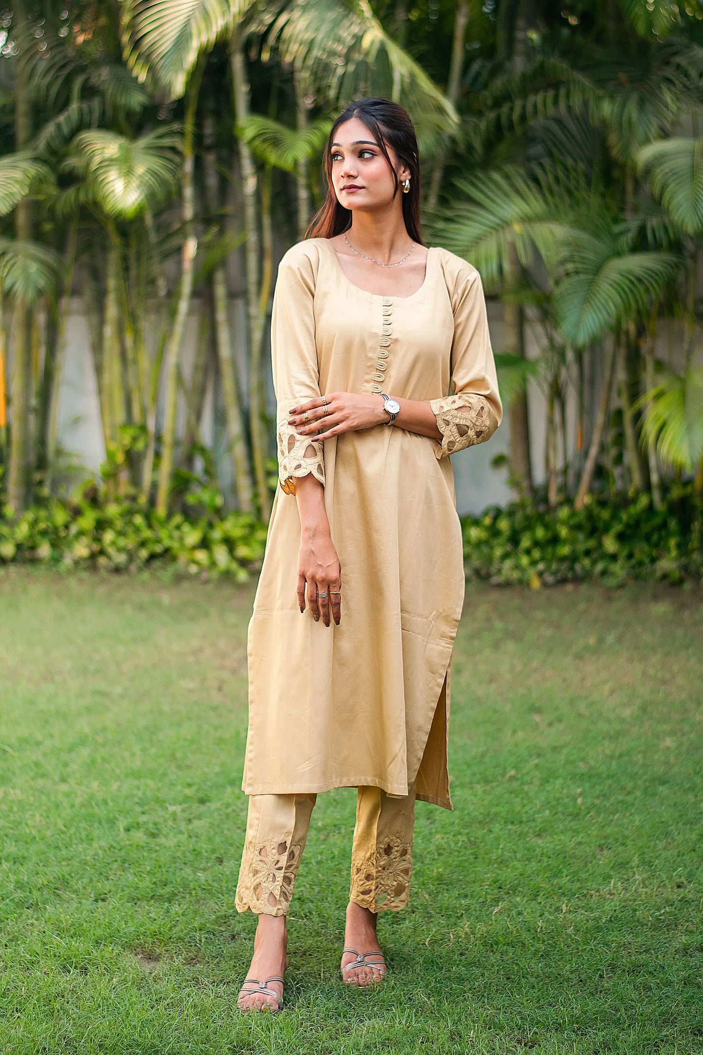 Golden russian silk kurta & trousers, golden chanderi dupatta with cutwork