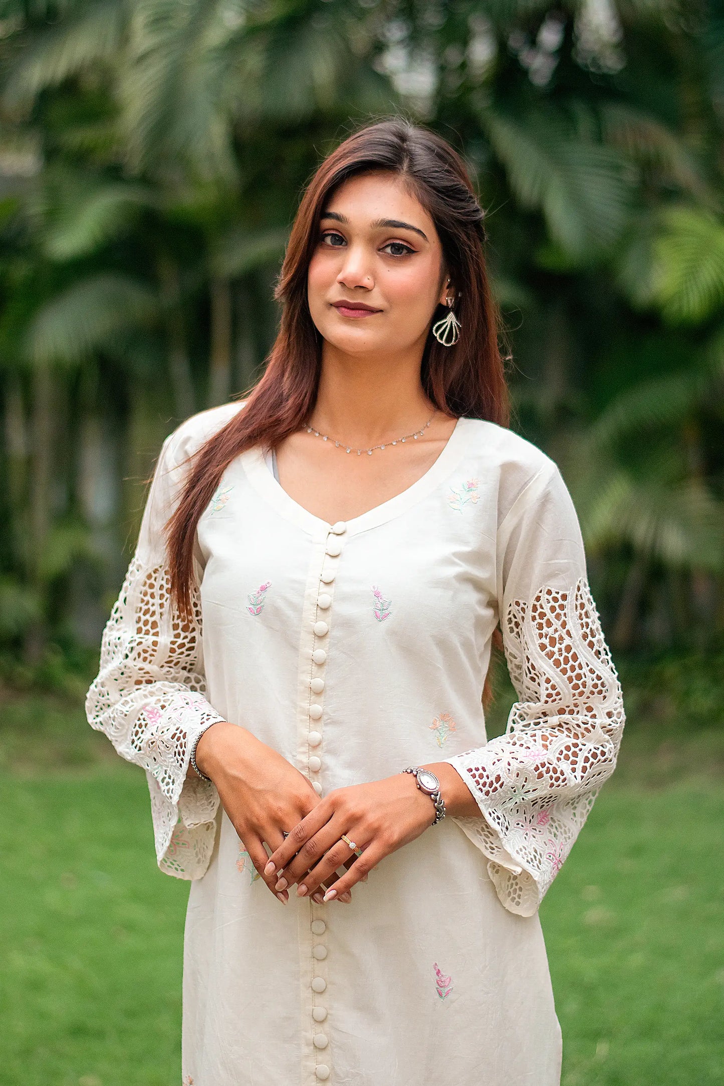 off-white cotton schiffli front-open kurti, dupatta with embroidery and off-white trousers