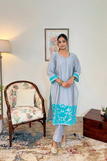 Grey Staple Tussar Patchwork Kurta Set Formal Wear with Green Dupatta