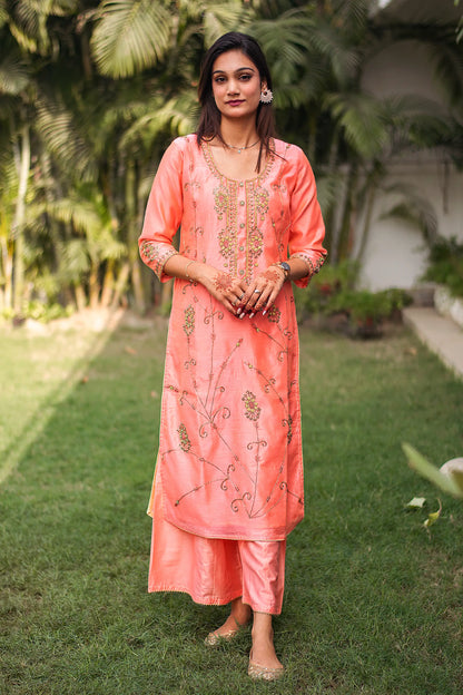 Peach chanderi zardozi work kurta and dupatta with peach palazzo