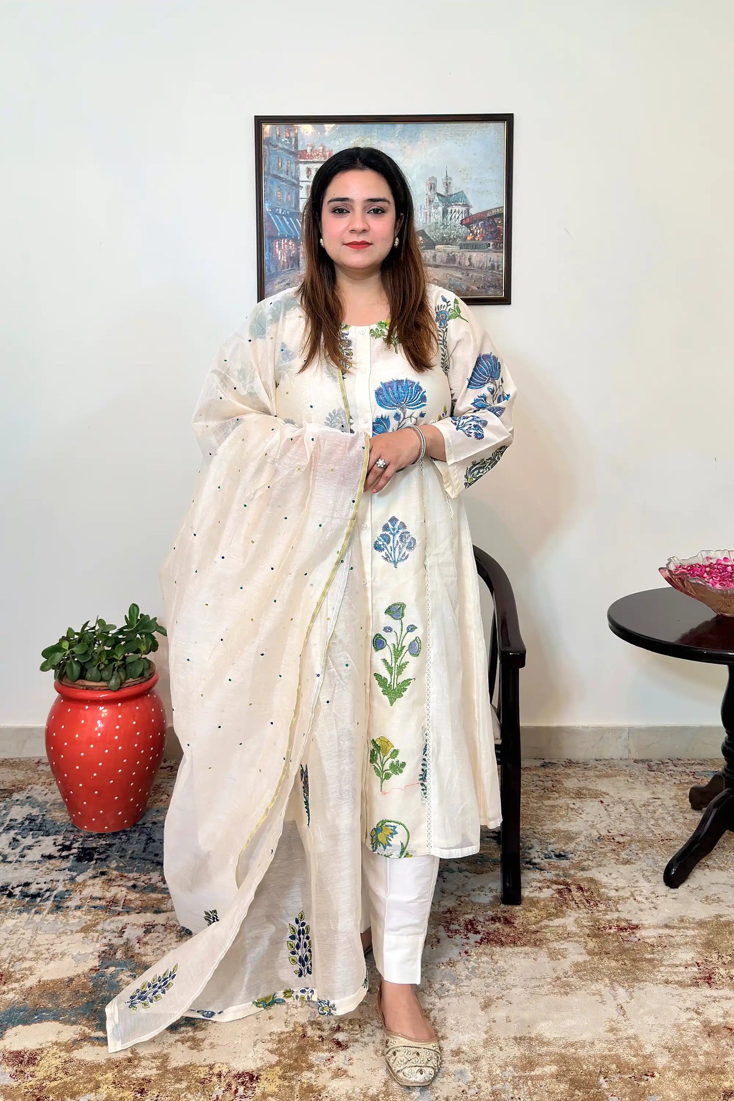 Off-white chanderi A-line kurta and dupatta with blue-green floral hand embroidery and off-white trousers