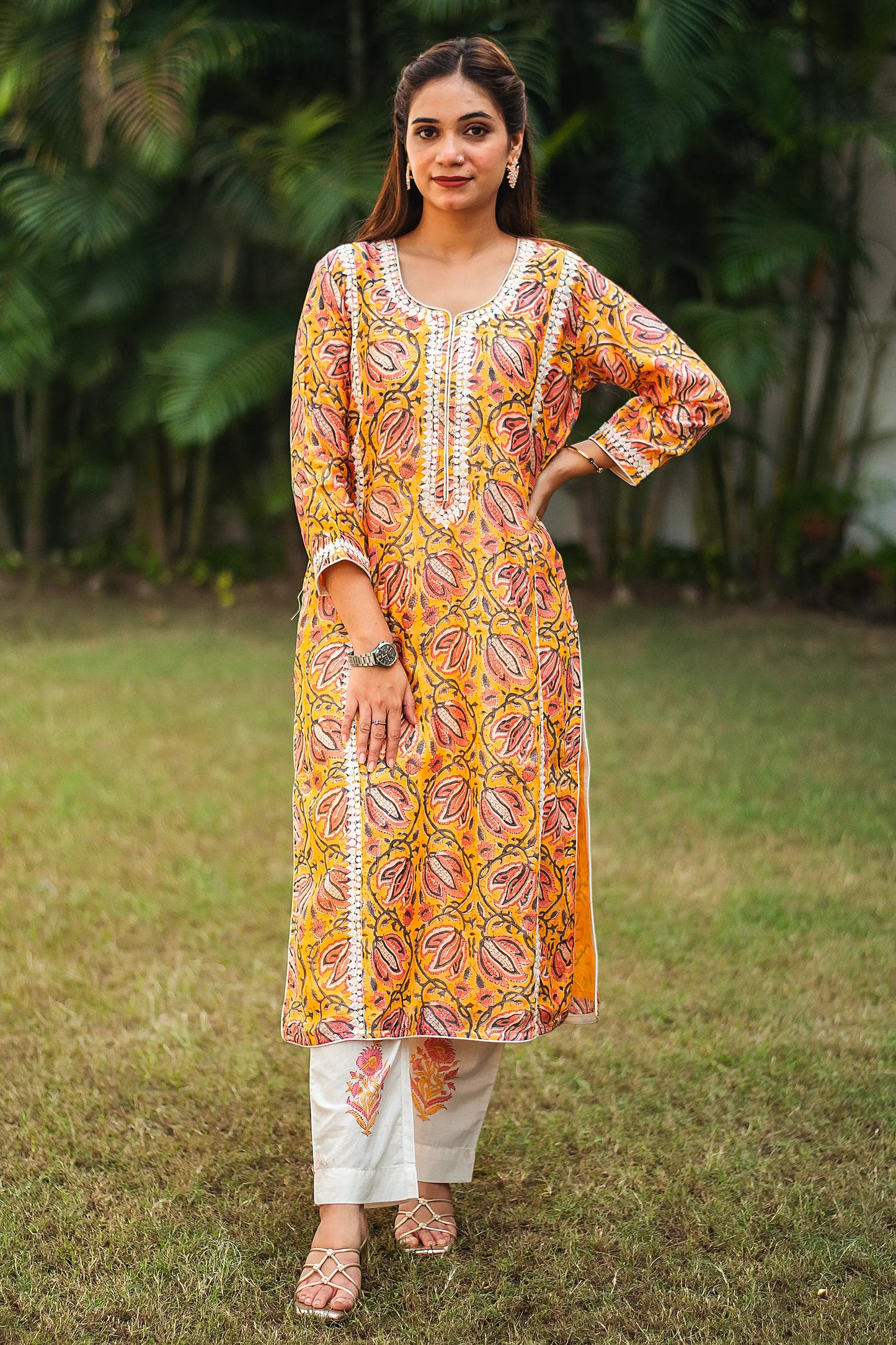 Yellow kalamkari print maheshwari applique work kalidar kurta with off white maheshwari dupatta and trousers