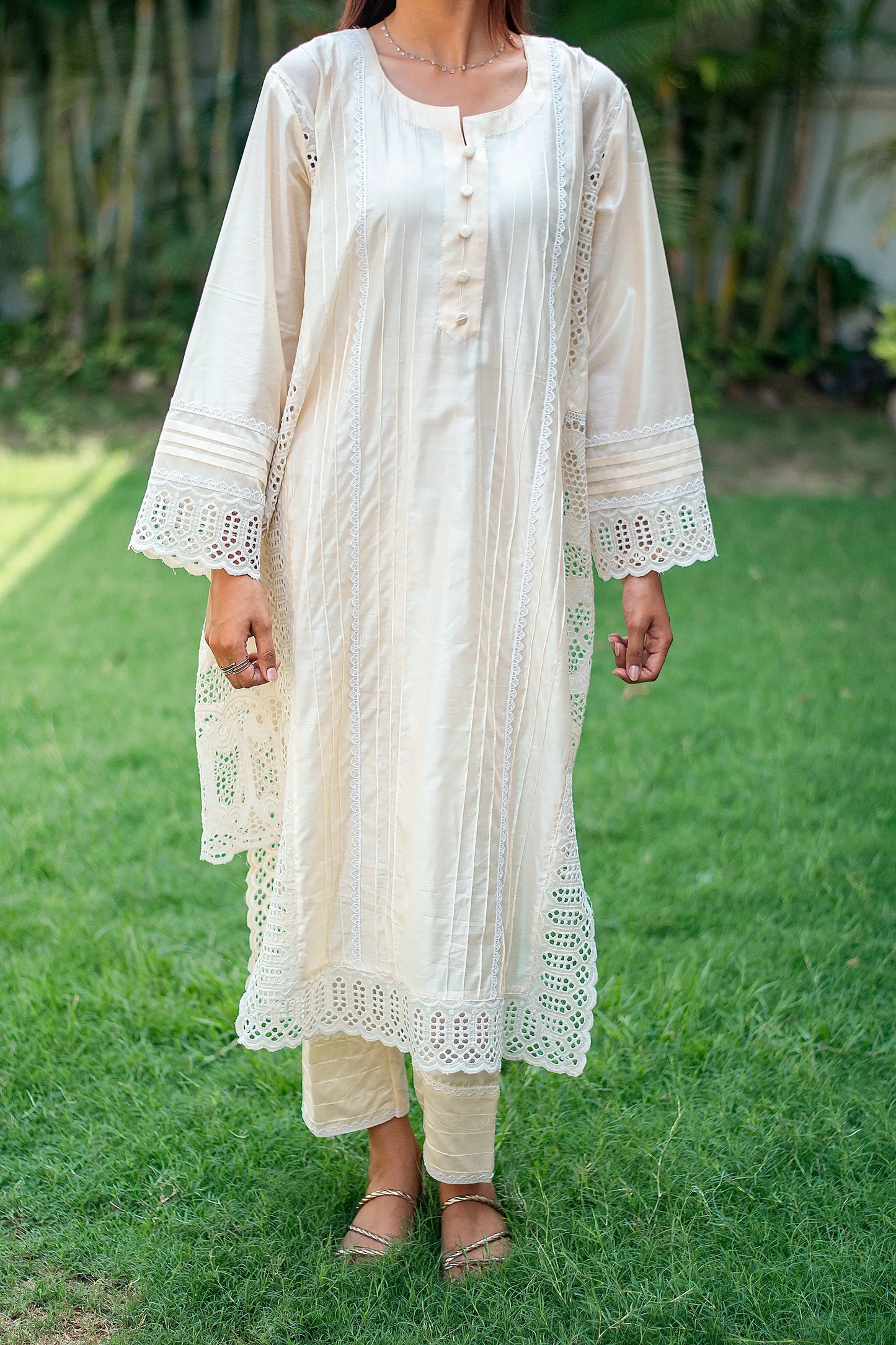Off white cotton silk pintuck kurta, trousers and dupatta with schiffli work