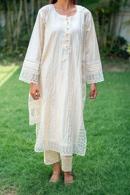 Off white cotton silk pintuck kurta, trousers and dupatta with schiffli work