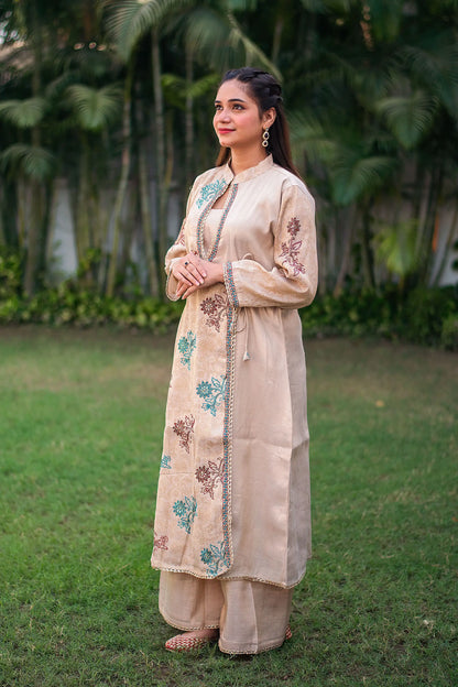 Beige angrakha kurta, palazzo and tissue dupatta with hand embroidery