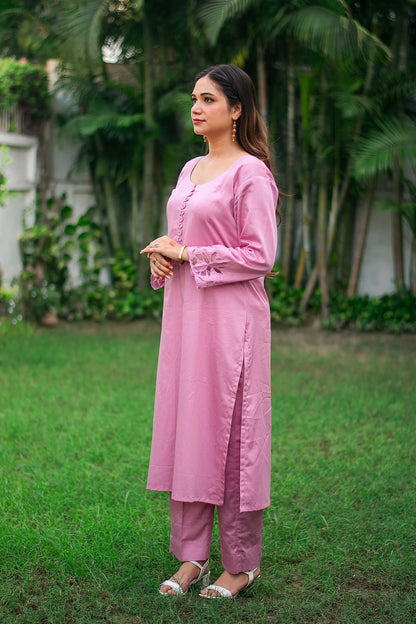 Purple russian silk kurta set with cutwork