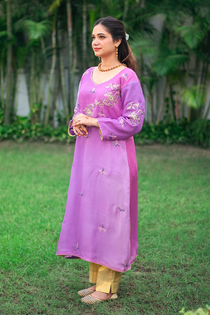 Purple ombre organza kurta, purple chiffon dupatta & golden trousers with zardozi work