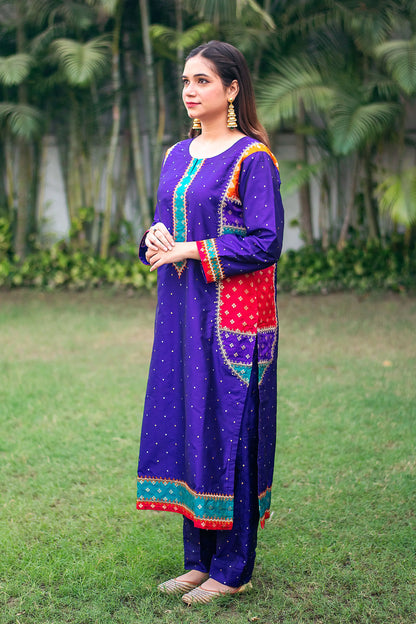 Purple silk kurta and trousers, purple chanderi dupatta with zari work