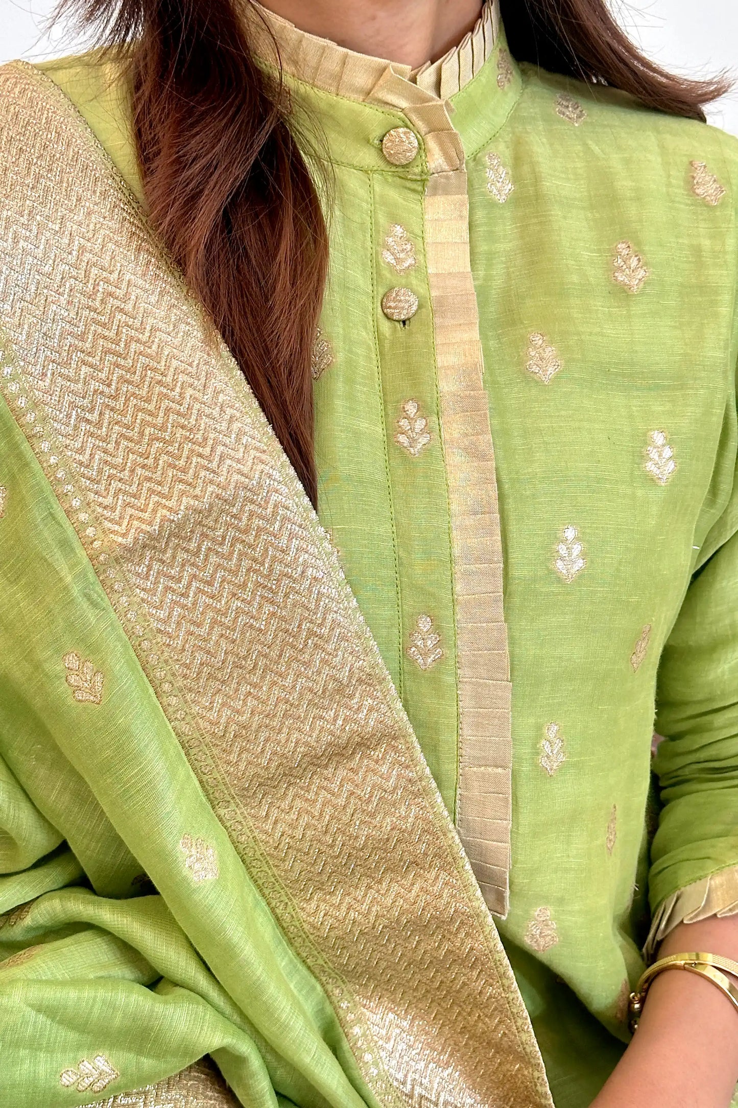 Green Zari Woven Linen Formal Wear Kurta Set