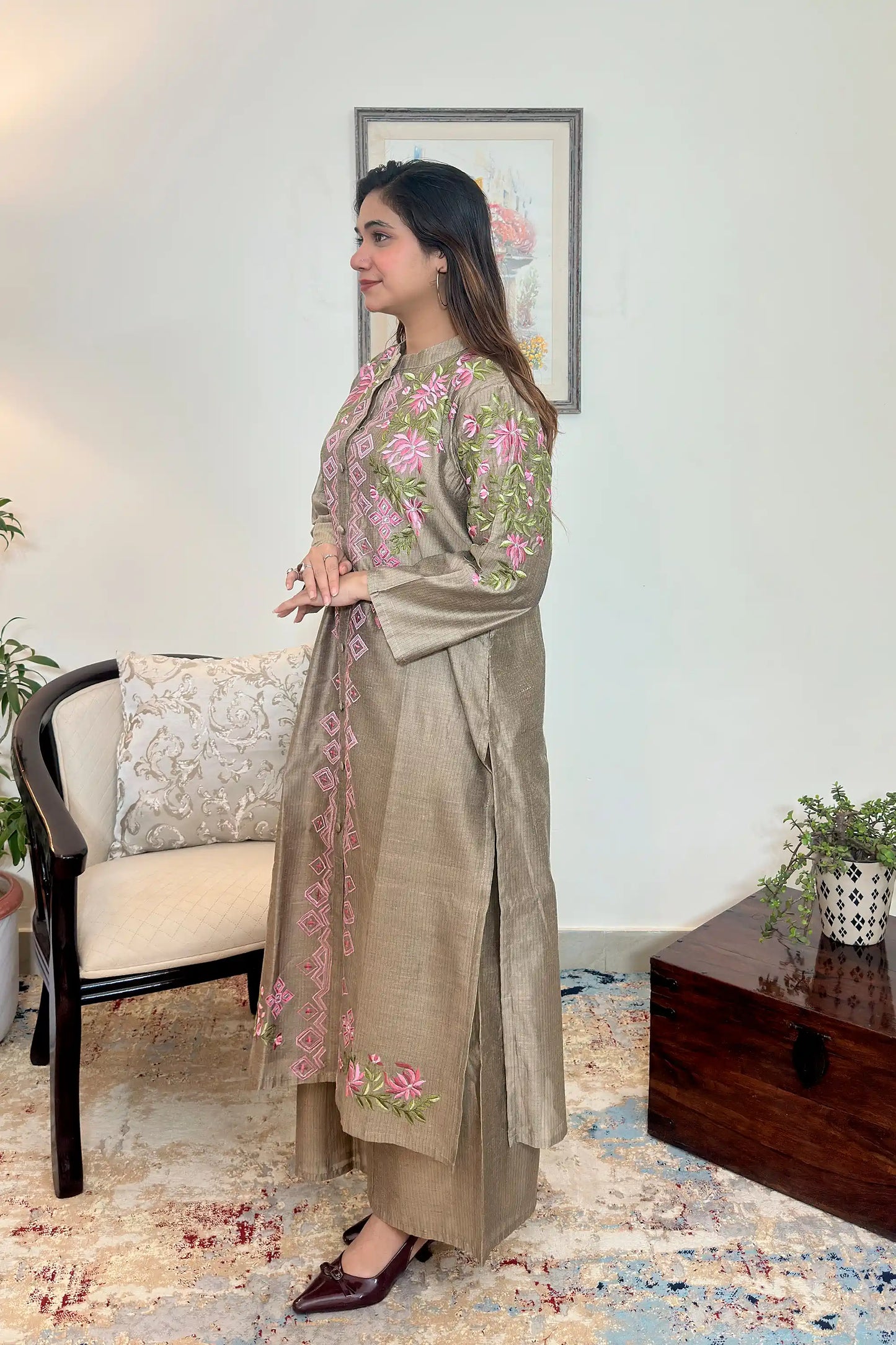Taupe Chanderi Formal Wear Kurta Set with Resham Embroidery