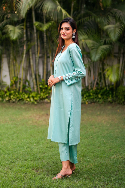 Pastel blue russian silk kurta & trousers, blue chanderi dupatta with cutwork