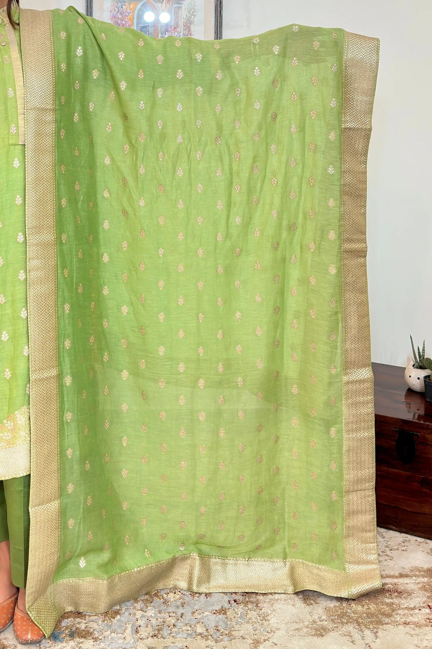 Green Zari Woven Linen Formal Wear Kurta Set