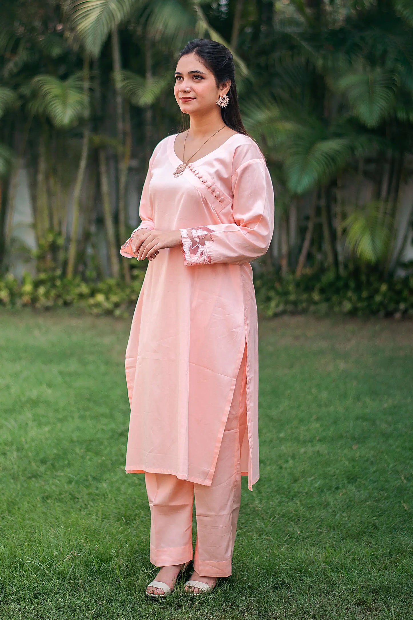 Pastel peach russian silk kurta & trousers, peach chanderi dupatta with cutwork