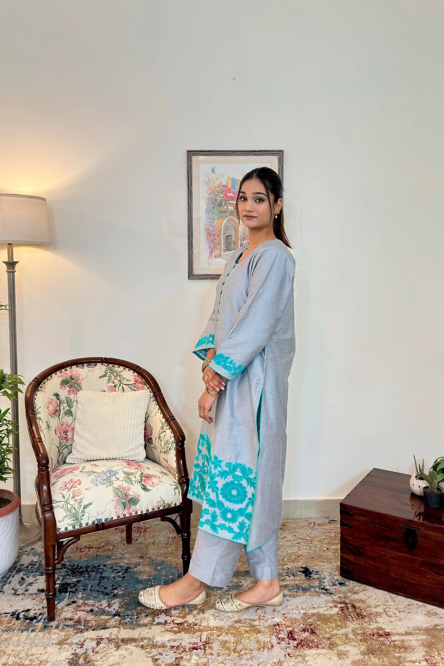 Grey Staple Tussar Patchwork Kurta Set Formal Wear with Green Dupatta