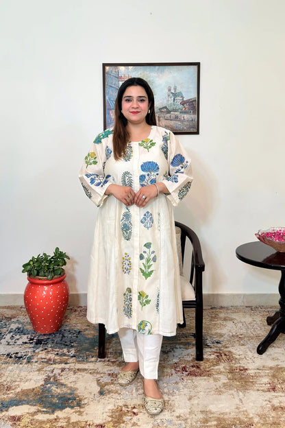 Off-white chanderi A-line kurta and dupatta with blue-green floral hand embroidery and off-white trousers