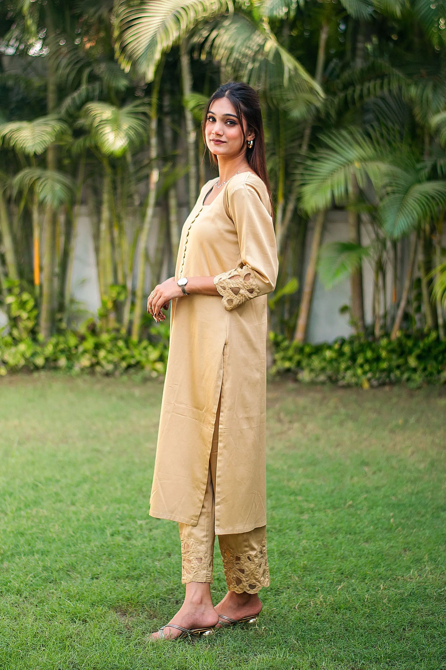 Golden russian silk kurta & trousers, golden chanderi dupatta with cutwork