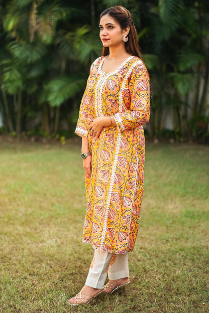 Yellow kalamkari print maheshwari applique work kalidar kurta with off white maheshwari dupatta and trousers