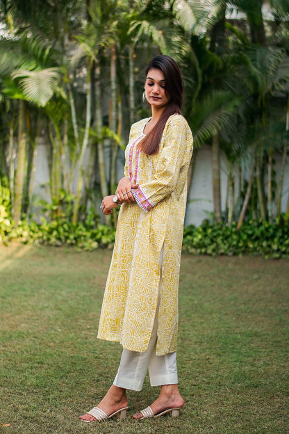 Pastel yellow printed linen kurta, dupatta & white trousers with applique work