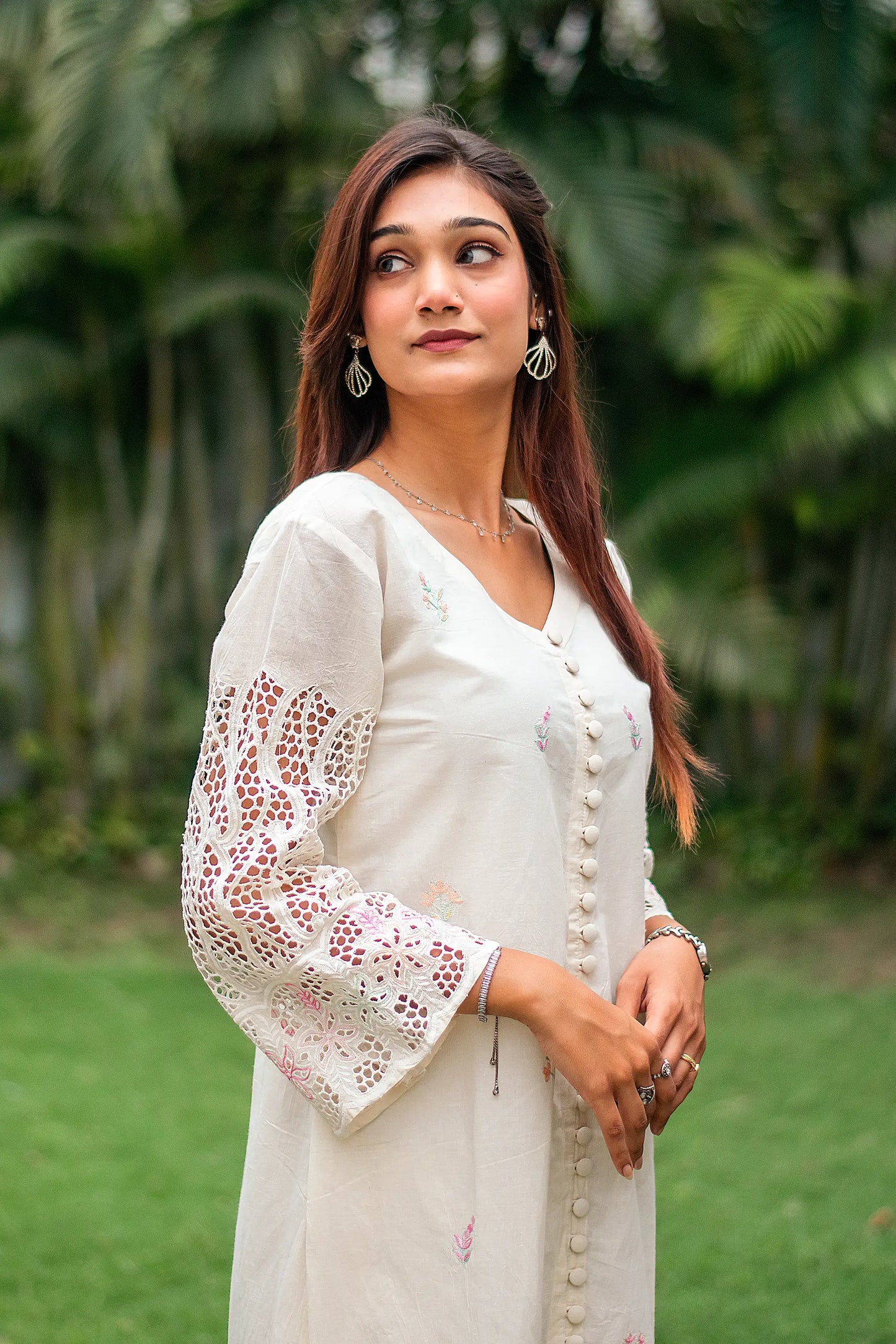 off-white cotton schiffli front-open kurti, dupatta with embroidery and off-white trousers