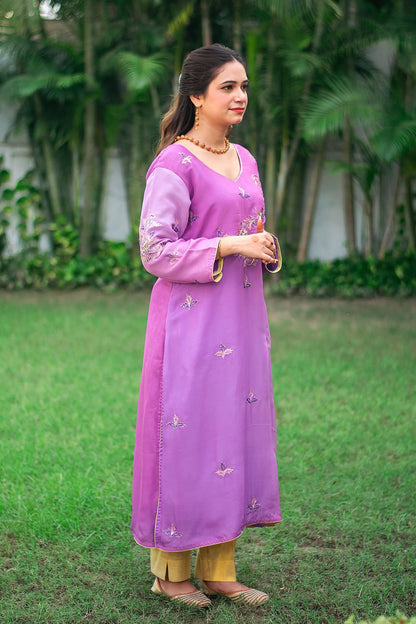 Purple ombre organza kurta, purple chiffon dupatta & golden trousers with zardozi work