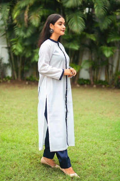 White chanderi patchwork kurta and dupatta with navy blue trousers