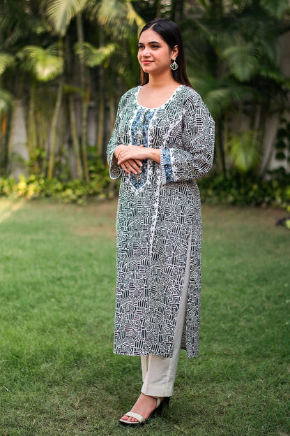 Black printed linen kurta, dupatta & white trousers with applique work