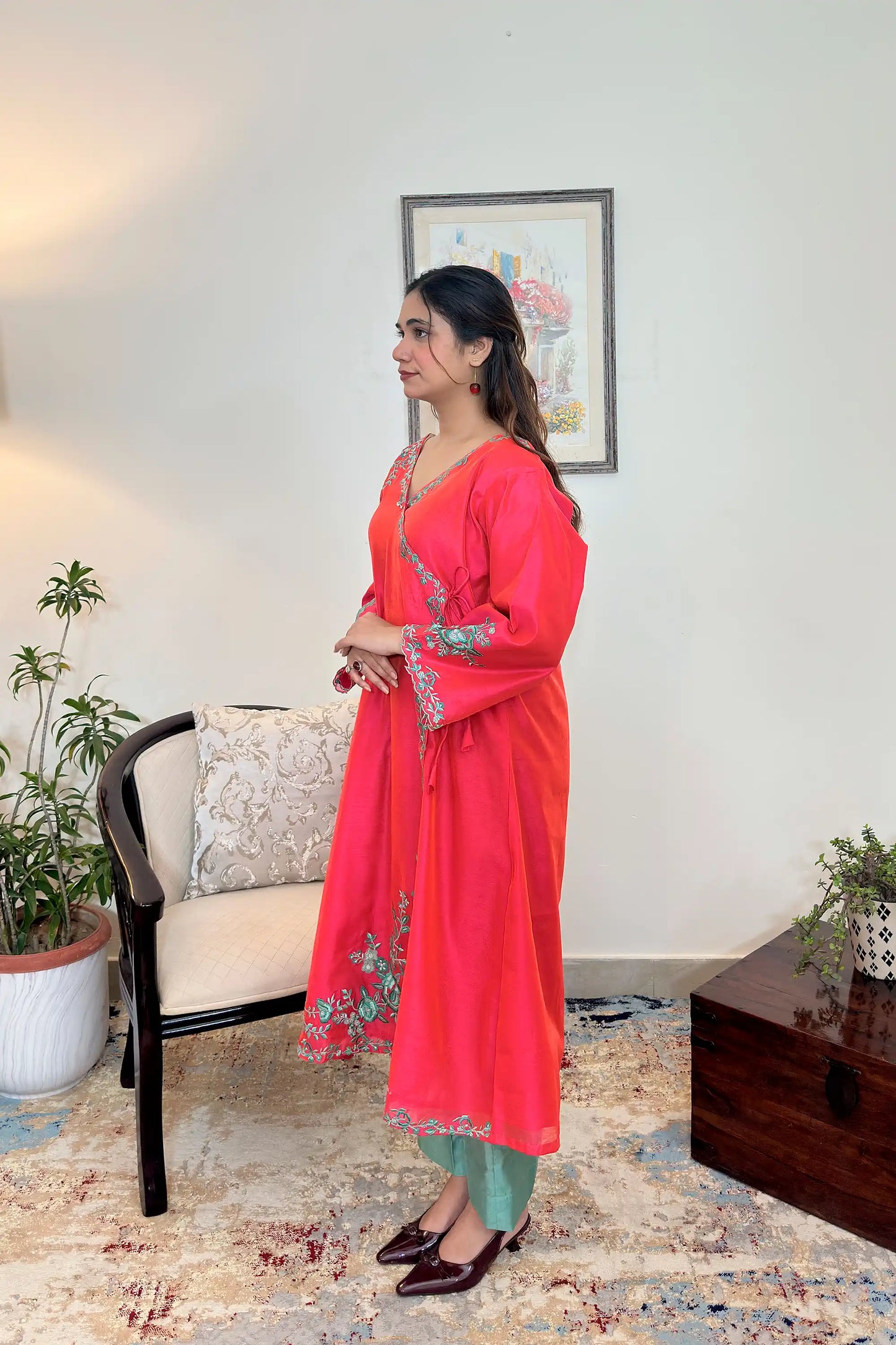 Red Chanderi Formal Wear Kurta Set with Resham Embroidery