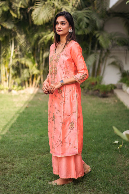 Peach chanderi zardozi work kurta and dupatta with peach palazzo