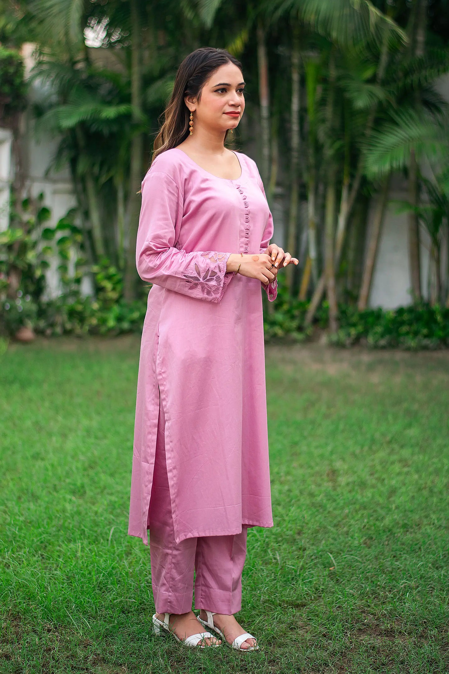 Purple russian silk kurta set with cutwork