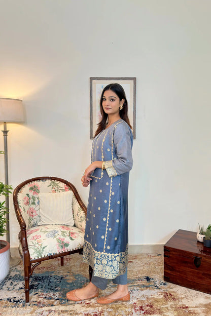 Grey Banarasi Silk Party Wear Kurta Set with applique work