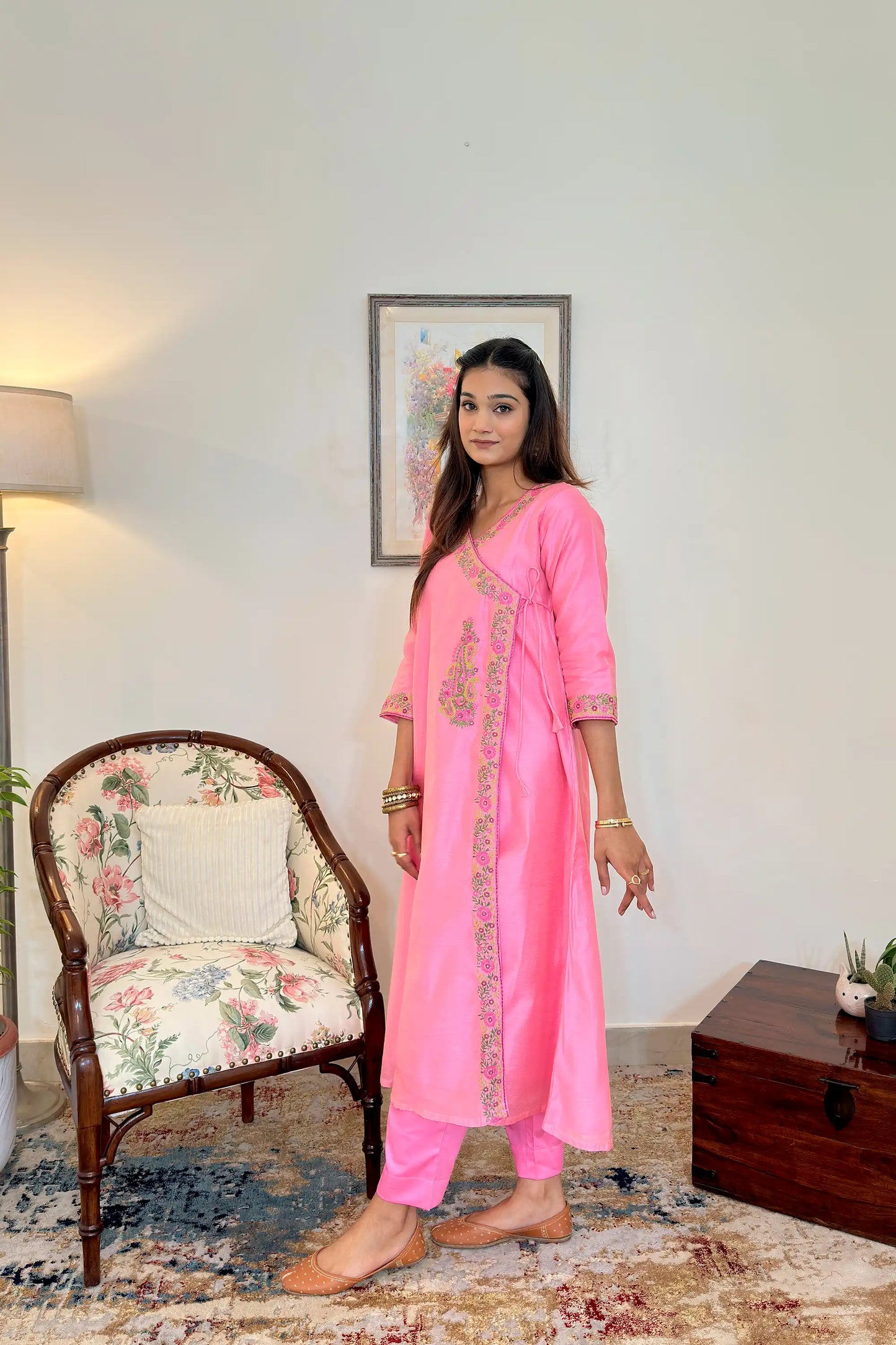 Pink Chanderi Resham Embroidered Angarkha Formal Wear Suit