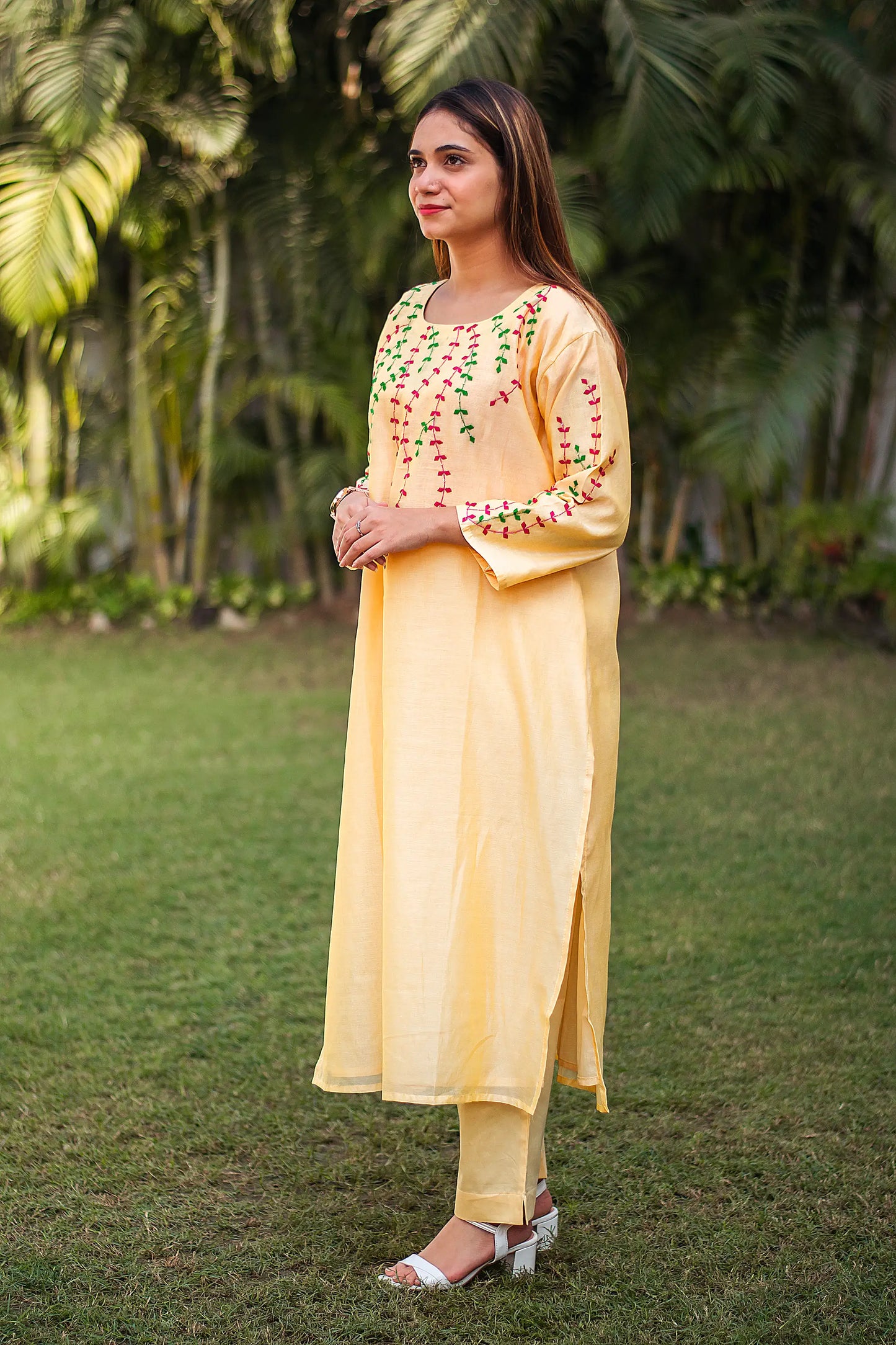 multicoloured applique work yellow chanderi kurta and dupatta with yellow trousers